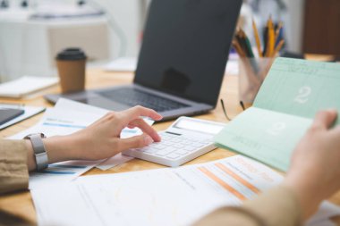 Genç kadın faturaları, vergileri, banka hesaplarını ve hesaplama giderlerini kontrol ediyor..