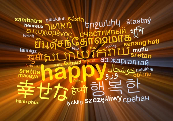 Happy multilanguage wordcloud background concept glowing — Stock Photo, Image