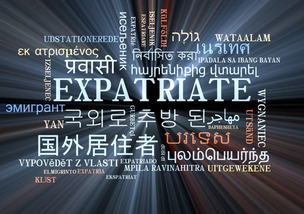 Expatriate multilanguage wordcloud background concept glowing — Stock Photo, Image