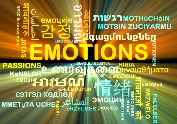 Emociones multilenguaje wordcloud fondo concepto brillante — Foto de Stock