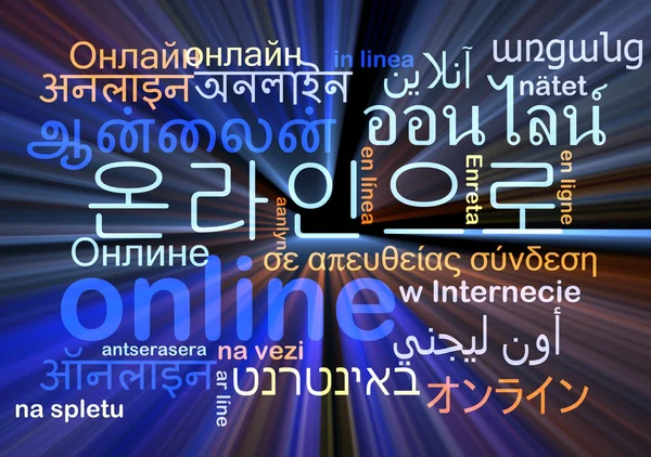 Online multilanguage wordcloud background concept glowing — Stock Photo, Image