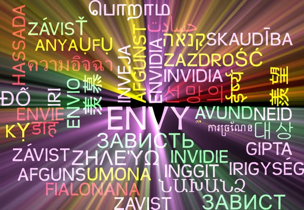 Envy multilanguage wordcloud background concept glowing — Stock Photo, Image