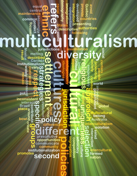 Multiculturalism wordcloud concept illustration glowing