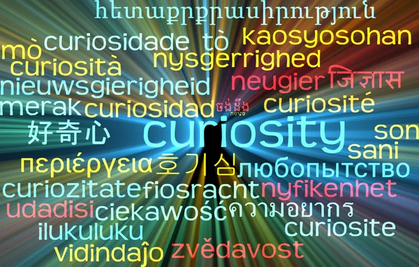 Curiosity multilanguage wordcloud background concept glowing — Stock Photo, Image