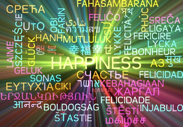 Happiness multilanguage wordcloud background concept glowing — Stock Photo, Image