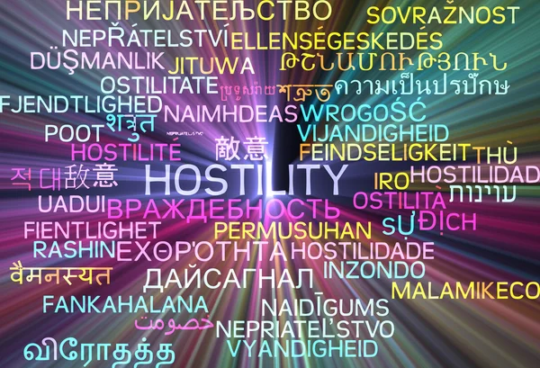 Hostility multilanguage wordcloud background concept glowing — Stock Photo, Image