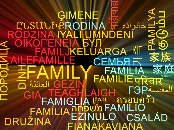 Koncepce rodinné vícejazyčné wordcloud pozadí zářící — Stock fotografie