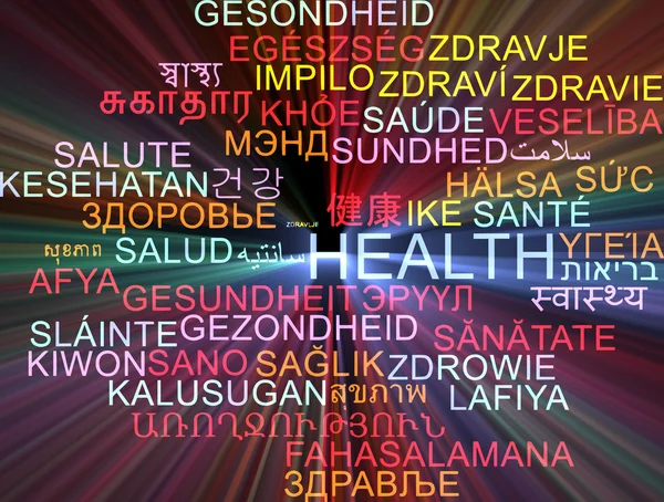 Salud multilenguaje wordcloud fondo concepto brillante — Foto de Stock