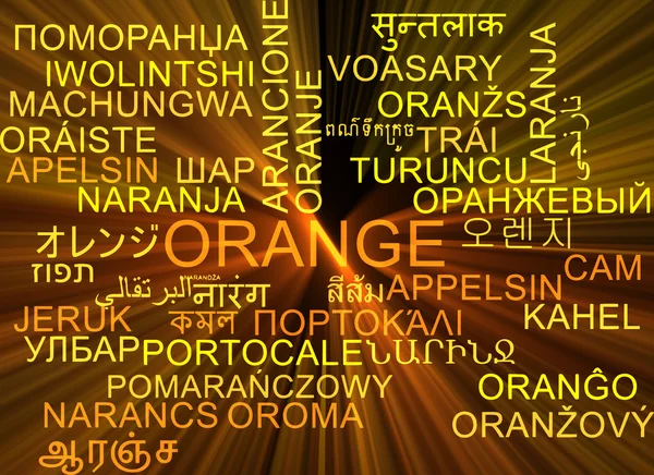 Orange multilanguage wordcloud background concept glowing — Stock Photo, Image