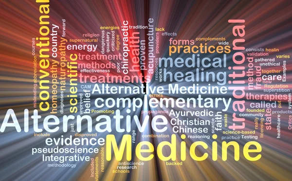 Alternativní medicína wordcloud koncept ilustrace zářící — Stock fotografie