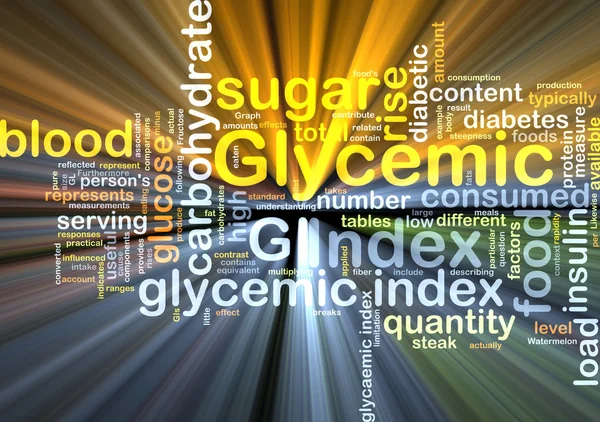 Glykemiskt index feedback wordcloud koncept illustration glödande — Stockfoto