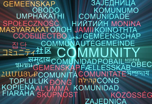 Community multilanguage wordcloud background concept glowing — Stock Photo, Image