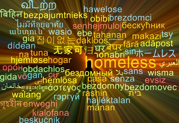 Bezdomovec vícejazyčnosti wordcloud pozadí koncepce zářící — Stock fotografie