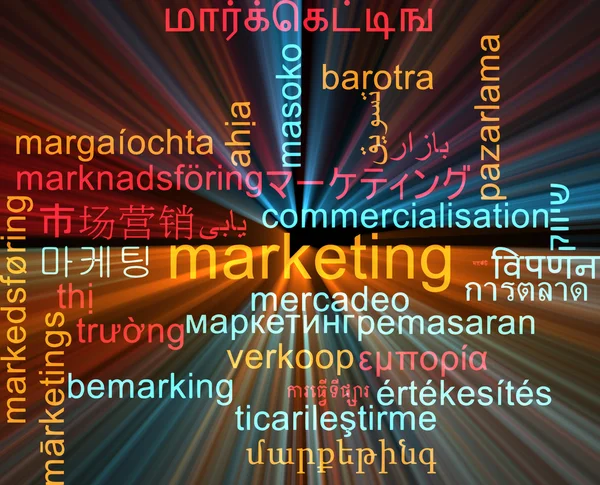 Marknadsföring multilanguage wordcloud bakgrund begreppet glödande — Stockfoto