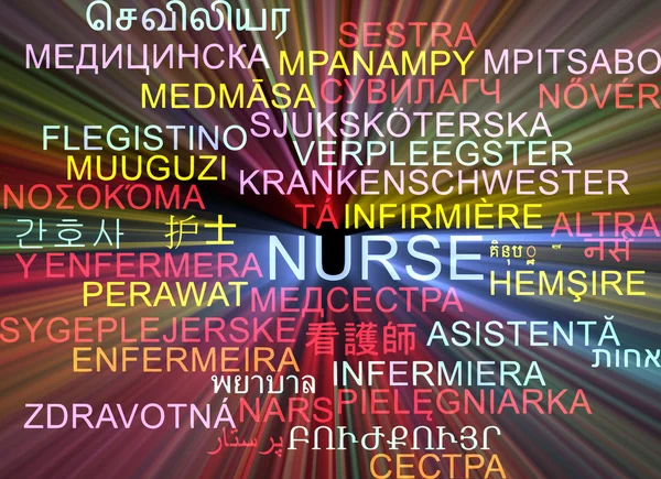 Infermiera multilingua wordcloud concetto di sfondo incandescente — Foto Stock