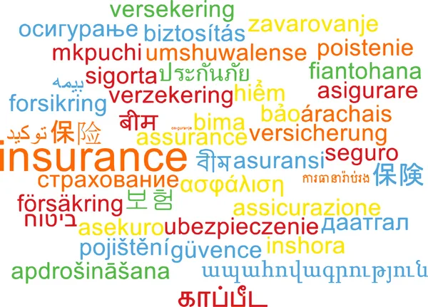 Biztosítási többnyelvű wordcloud háttér koncepció — Stock Fotó