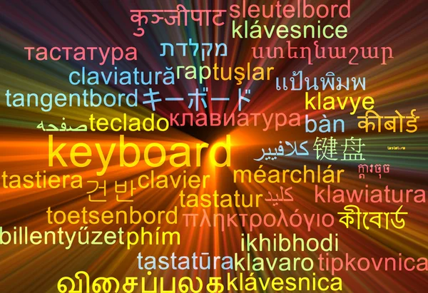 Keyboard multilanguage wordcloud background concept glowing — Stock Photo, Image