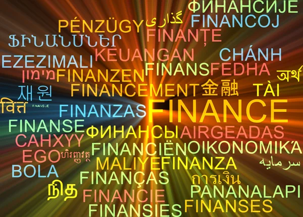 Finance multilanguage wordcloud background concept glowing — Stock Photo, Image