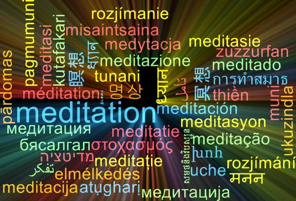 Meditáció többnyelvű wordcloud háttér koncepció izzó — Stock Fotó