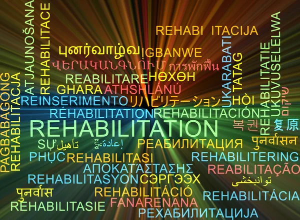 Rehabilitación multilenguaje wordcloud background concept glowin — Foto de Stock