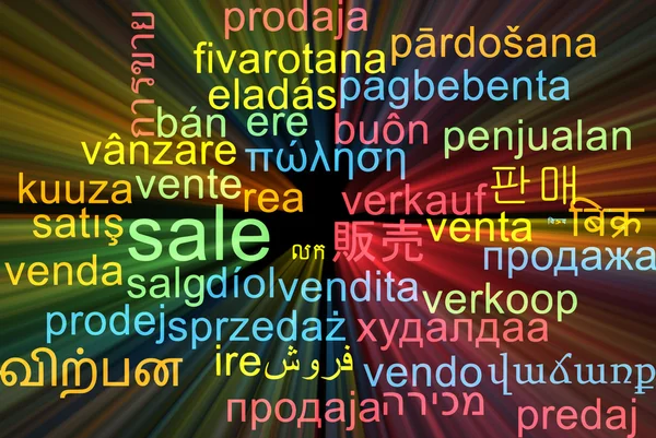 Vendita multilingue wordcloud concetto di sfondo incandescente — Foto Stock