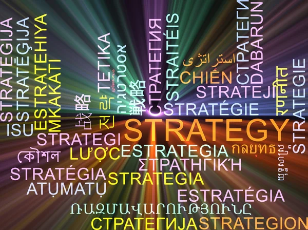 Estrategia multilenguaje wordcloud fondo concepto brillante — Foto de Stock