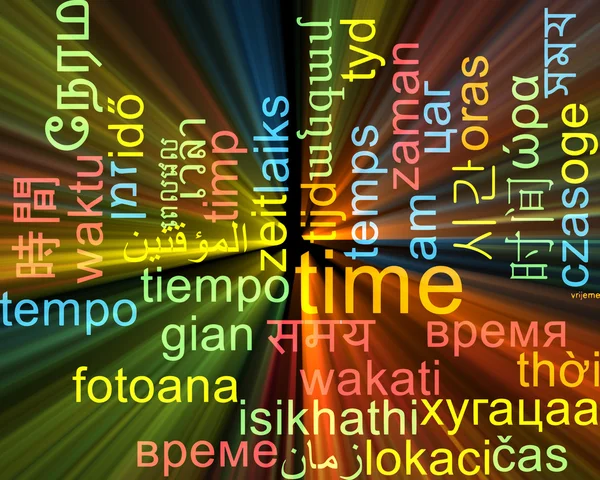 Time multilanguage wordcloud background concept glowing — Stock Photo, Image