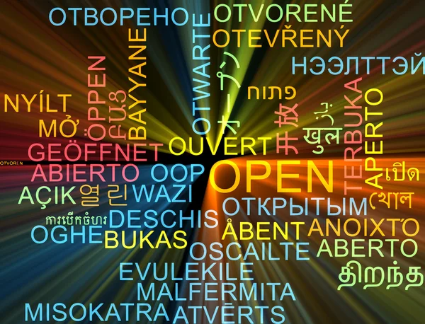 Open multilanguage wordcloud background concept glowing — Stock Photo, Image