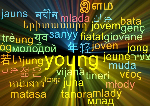 Mladý vícejazyčné wordcloud pozadí koncepce zářící — Stock fotografie