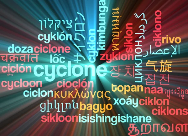 Cyclone multilanguage wordcloud background concept glowing — Stock Photo, Image