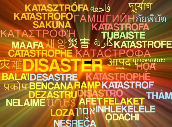 Disaster multilanguage wordcloud background concept glowing — Stock Photo, Image