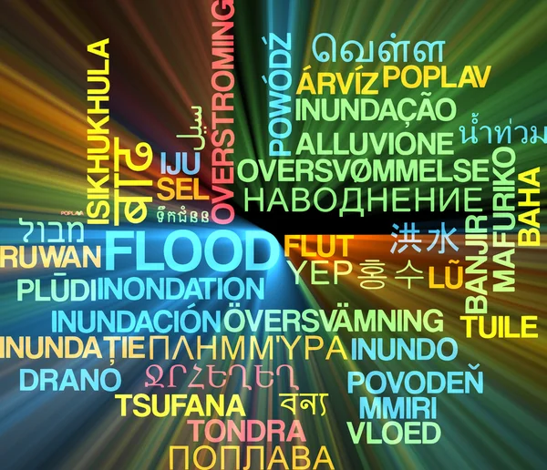 Inundar conceito de fundo wordcloud multilíngue brilhante — Fotografia de Stock