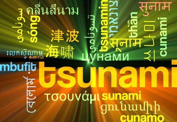 Tsunami multilanguage wordcloud background concept glowing — Stock Photo, Image