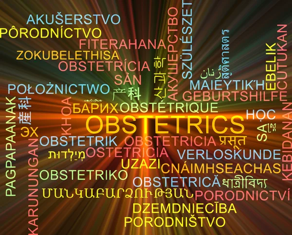 Obstetricia multilenguaje wordcloud fondo concepto brillante — Foto de Stock
