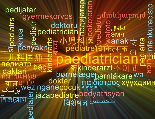 Paediatrician multilanguage wordcloud background concept glowing — Stock Photo, Image