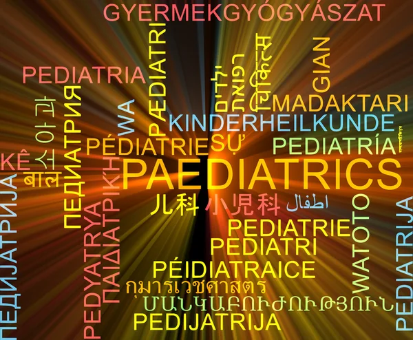Pediatria multilingua wordcloud concetto di sfondo incandescente — Foto Stock