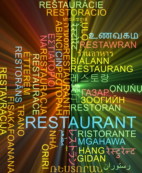 Restaurante multilenguaje wordcloud fondo concepto brillante — Foto de Stock