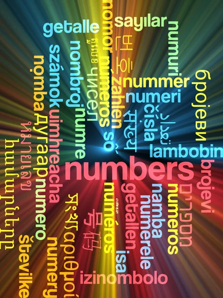 Numbers multilanguage wordcloud background concept glowing — Stock Photo, Image