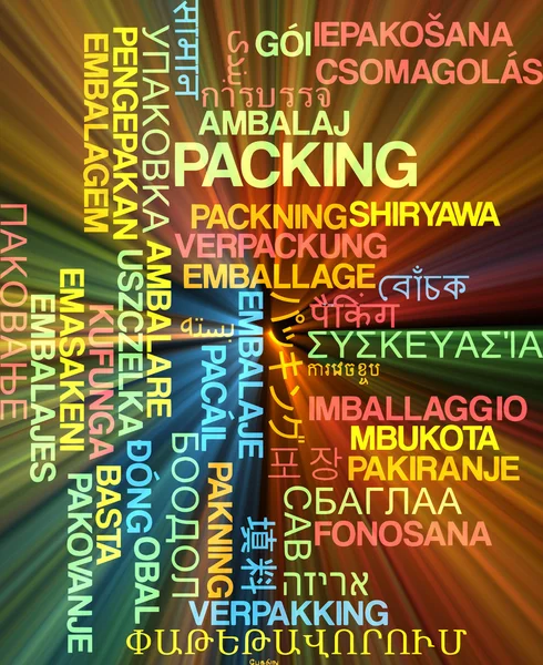 Packing multilanguage wordcloud background concept glowing — Stock Photo, Image