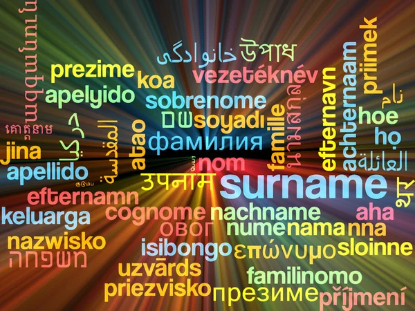 Nachname mehrsprachige Wordcloud Hintergrundkonzept glühend — Stockfoto