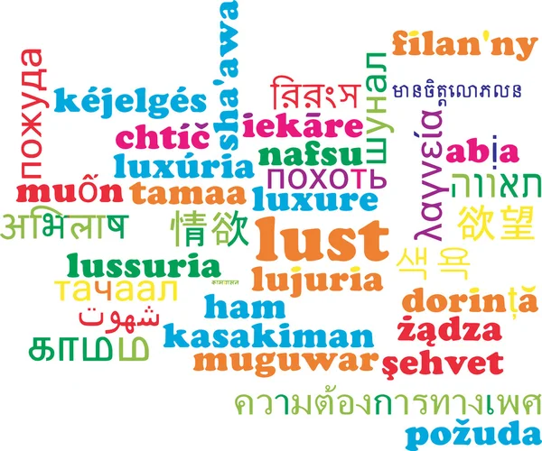 Lujuria multilenguaje wordcloud fondo concepto — Foto de Stock