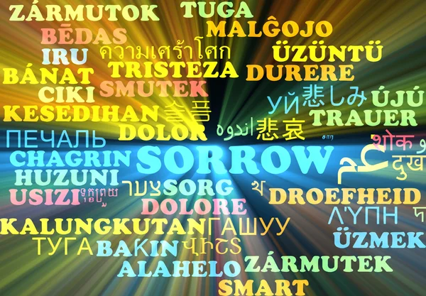 Sorrow multilanguage wordcloud background concept glowing — 图库照片