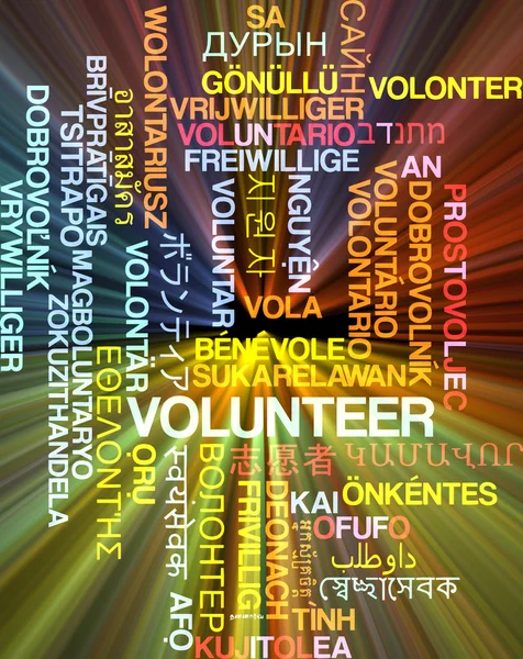 Voluntariado multilenguaje wordcloud fondo concepto brillante — Foto de Stock