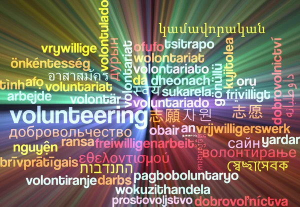 Volunteering multilanguage wordcloud background concept glowing — Stock Photo, Image