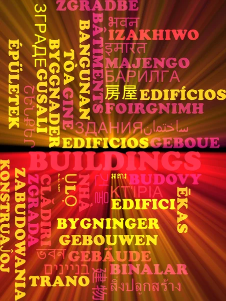 Bâtiments multilingue wordcloud concept de fond lumineux — Photo