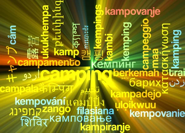 Camping multilanguage wordcloud background concept glowing — Stock Photo, Image