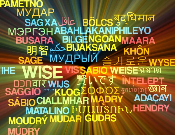 Wise multilanguage wordcloud background concept glowing — Stock Photo, Image