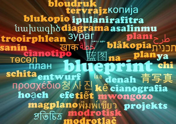 Blueprint multilanguage wordcloud background concept glowing — Stock Photo, Image