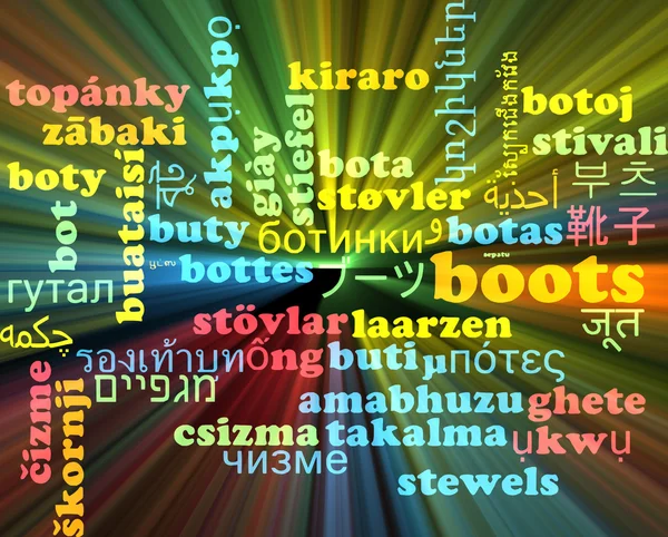 Boots multilanguage wordcloud background concept glowing — Stock Photo, Image