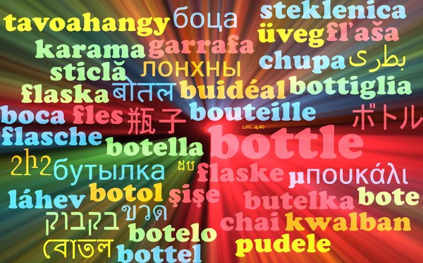 Bottle multilanguage wordcloud background concept glowing — Stock Photo, Image